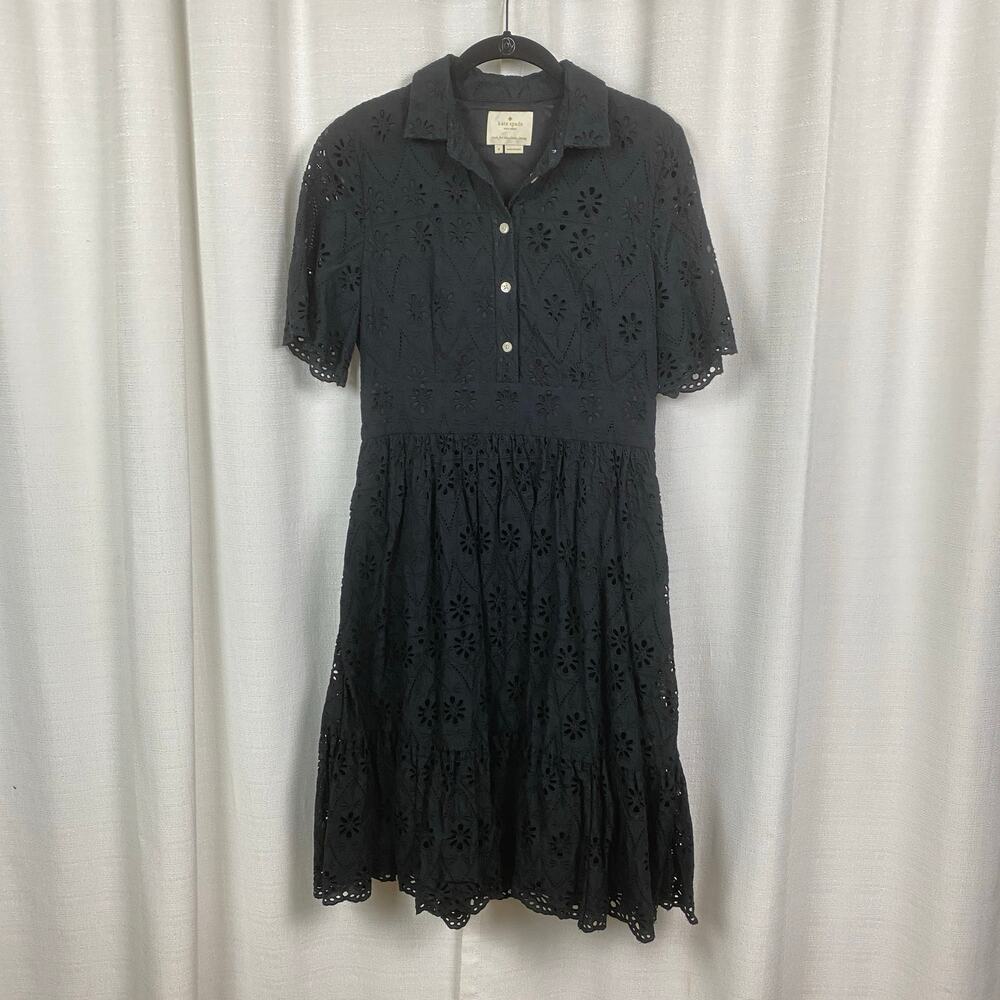 Kate Spade Black Eyelet Flounce Shirt Dress Sz.8 - Picture 5 of 16